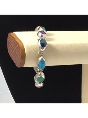 Sterling Silver Turquoise And Natural Stones Bracelet Taxco Mexico Vintage 7.75
